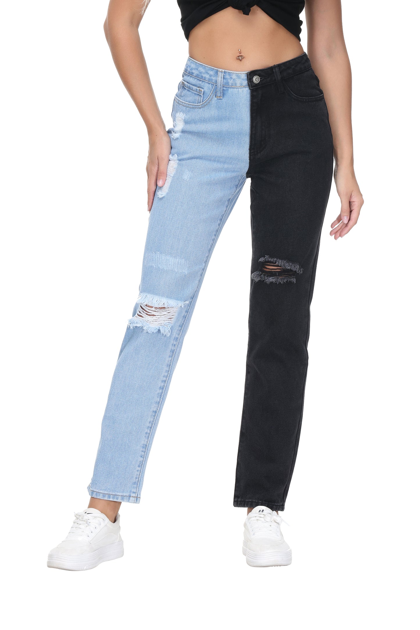 NiceQ Women's High Waist Ripped Jeans Two Tone Straight Colorblock Den –  NiceQ Jeans