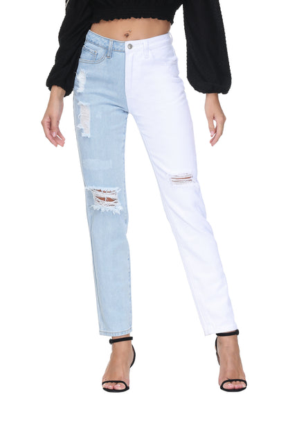 NiceQ Women’s High Waist Ripped Jeans Two Tone Straight Colorblock Denim Pants