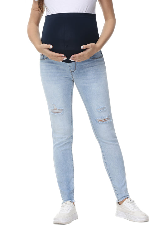 NiceQ Women’s Maternity Jeans Skinny Stretch Comfy Ripped Hem Denim Jeans