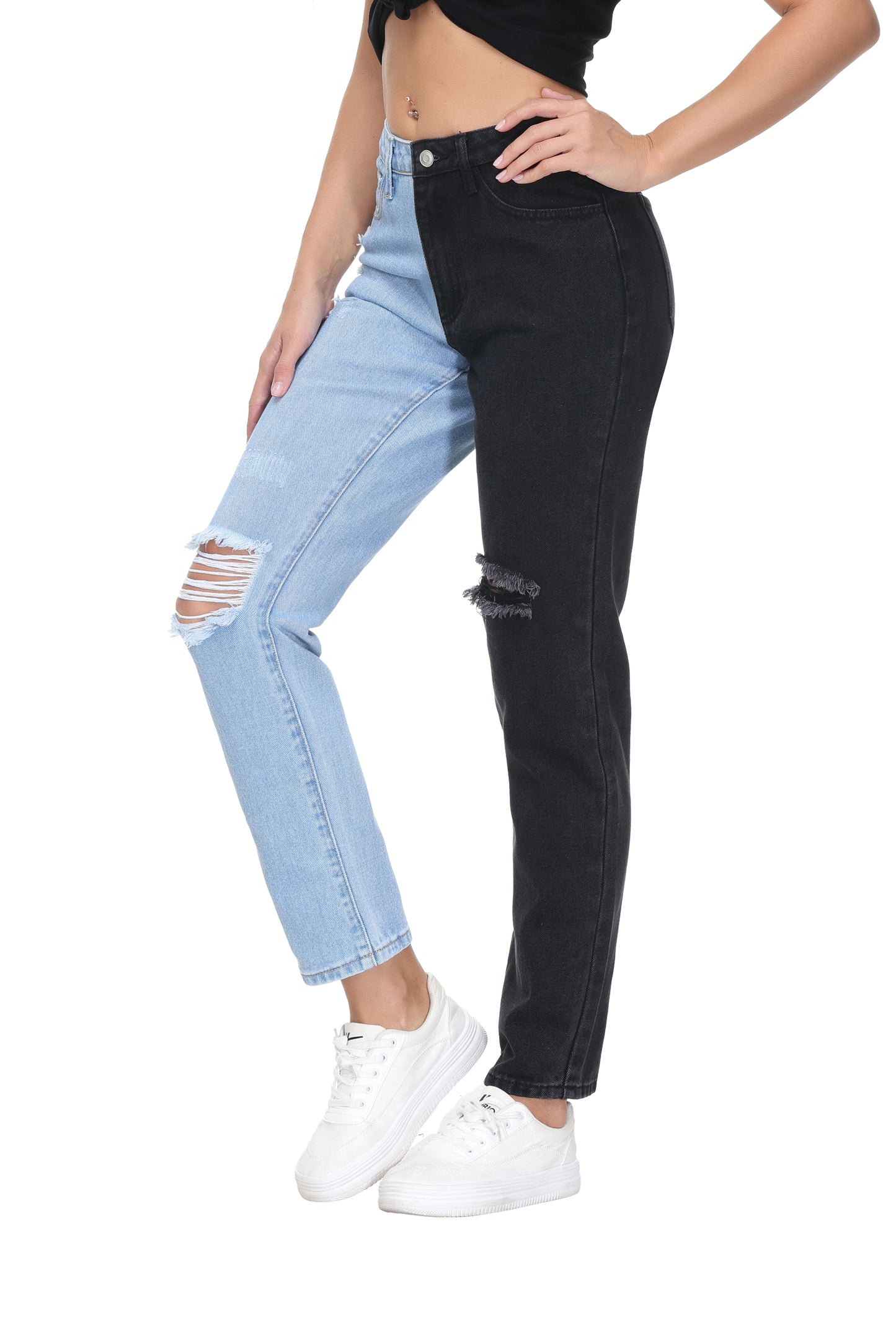 NiceQ Women’s High Waist Ripped Jeans Two Tone Straight Colorblock Denim Pants