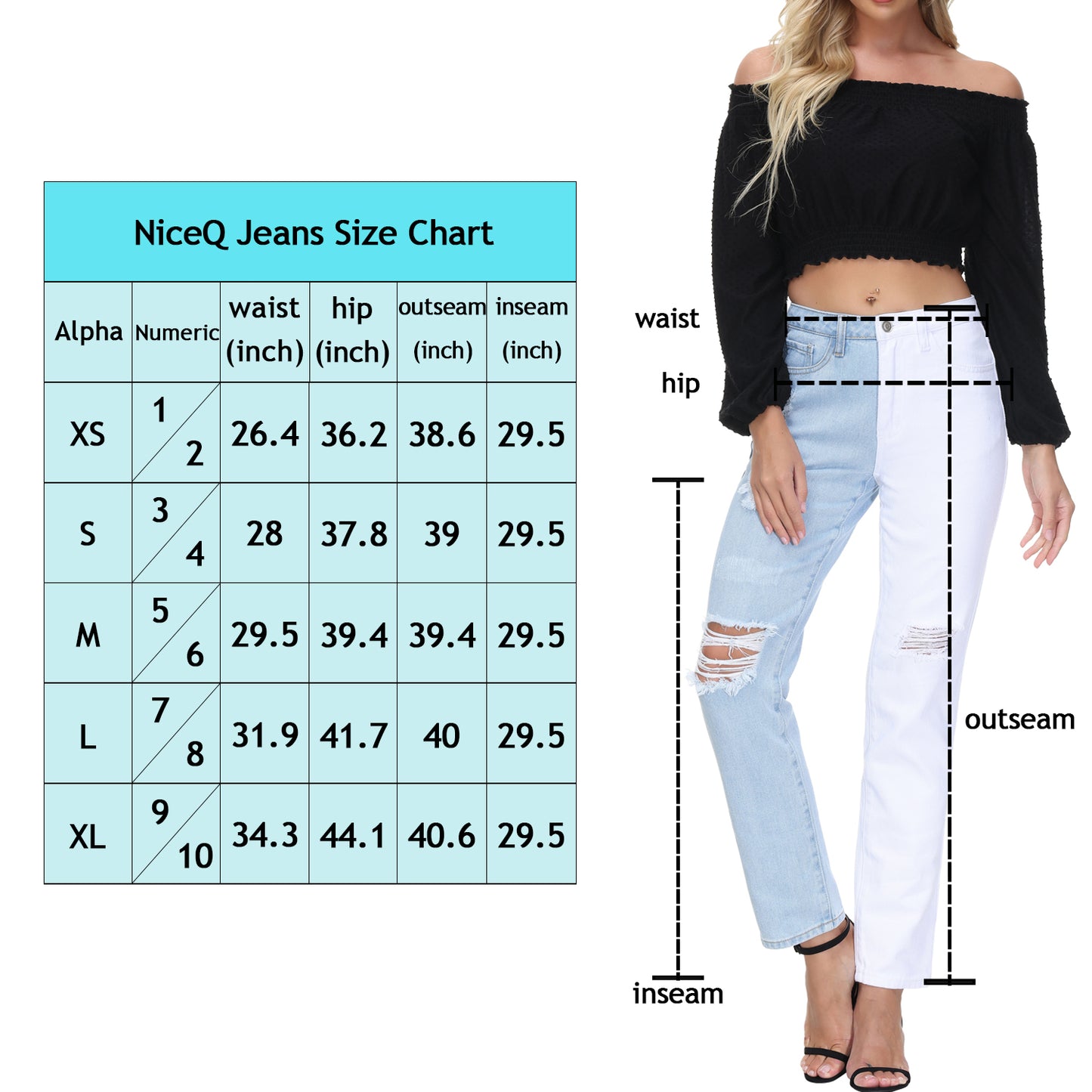 NiceQ Women’s High Waist Ripped Jeans Two Tone Straight Colorblock Denim Pants