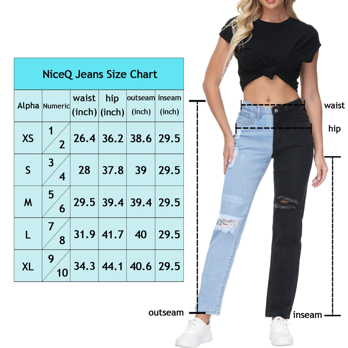 NiceQ Women’s High Waist Ripped Jeans Two Tone Straight Colorblock Denim Pants