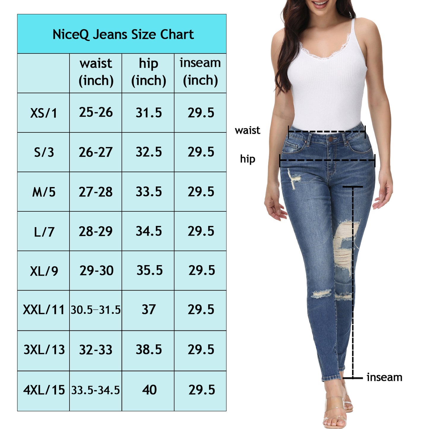 NiceQ Mid Waist Ripped Jeans for Women, Stretch Skinny Denim Jeans