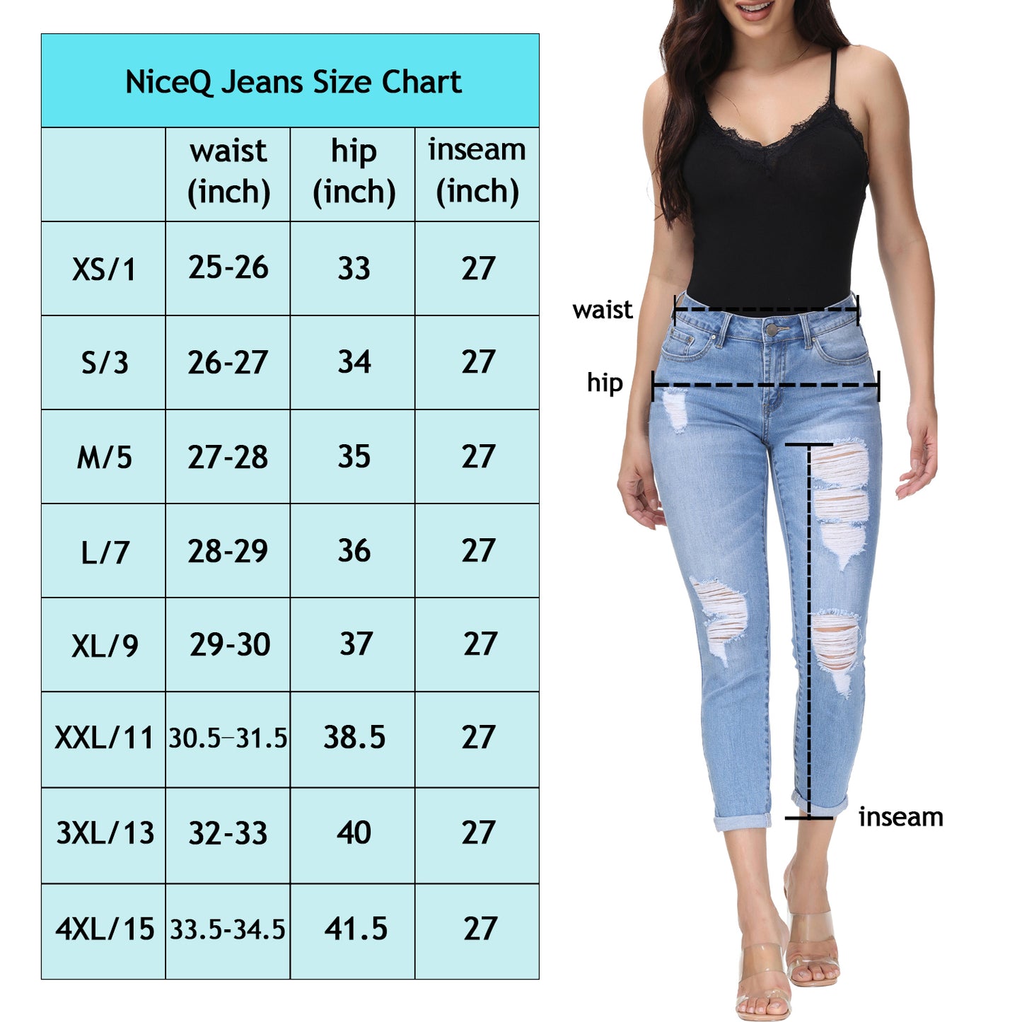 NiceQ Mid Waist Ripped Jeans for Women, Stretch Skinny Denim Jeans