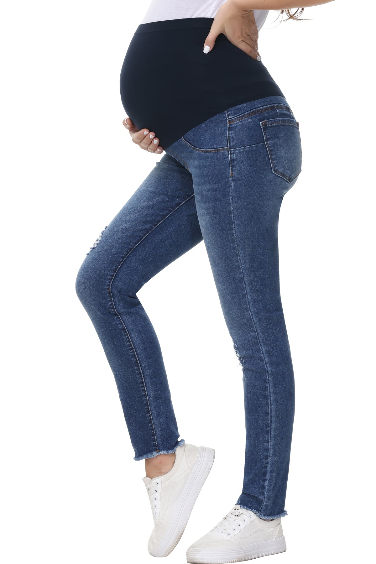 NiceQ Women’s Maternity Jeans Skinny Stretch Comfy Ripped Hem Denim Jeans